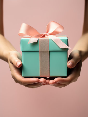 Female hands holding a gift box with a bow on a pink backgroundの素材