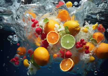 Fruit splashing in water on a dark background. Citrusの素材