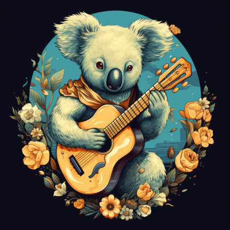 Cute koala with guitar and flowers on the background of the moon.の素材