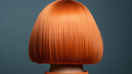 Close-up of a red hair wig on a woman's headの素材