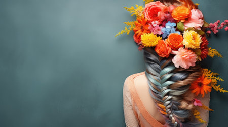 Beautiful young woman with bouquet of flowers on her head.の素材
