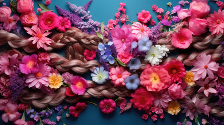 Beautiful braid of multicolored flowers on a blue backgroundの素材