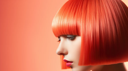 Close-up portrait of beautiful young woman with red bob hairstyleの素材