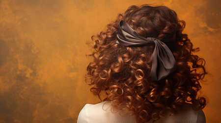 Beautiful woman with curly red hair and black bow on her headの素材