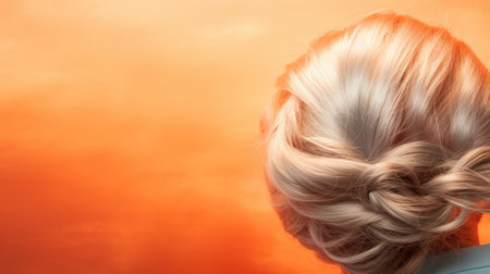 Blond woman with long wavy hair on orange sky background.の素材