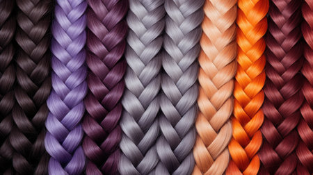 Colorful braids background. Braids in different shades of rainbow.の素材
