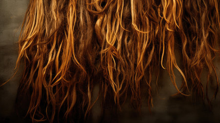 Curly brown hair on a dark background. Close-up.の素材