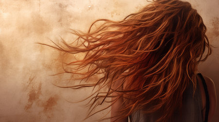 Portrait of a beautiful young woman with flying hair in the studioの素材