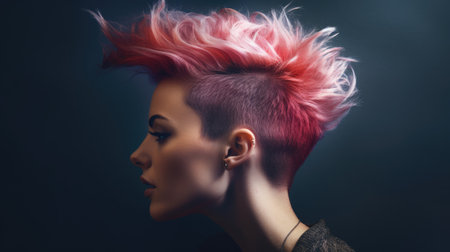 Portrait of a beautiful woman with pink hair on a dark backgroundの素材