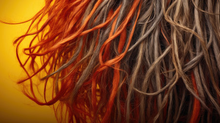 Hair extensions in a studio on a yellow background. Close-up.の素材