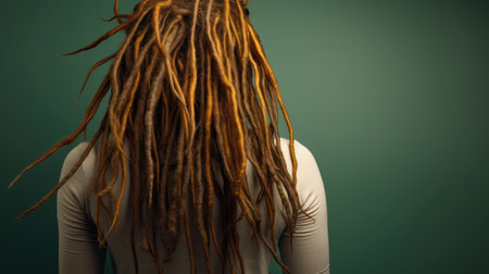 Rear view of a girl with dreadlocks on a green backgroundの素材