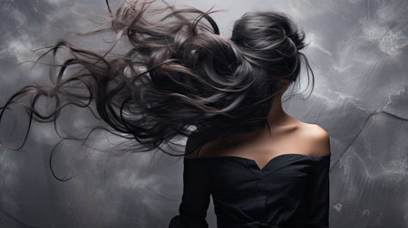 Portrait of a beautiful young woman in black dress with flying hairの素材