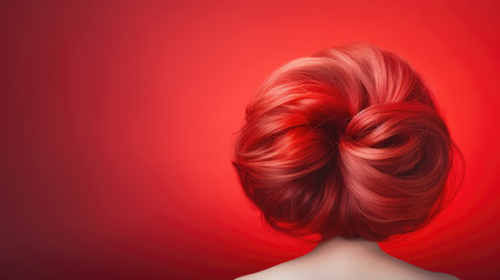 beautiful woman with red hair on red background, creative hairstyleの素材