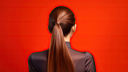 Back view of young woman with long hair on red background. Haircare conceptの素材