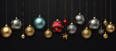3d render of christmas balls on black background with copy spaceの素材
