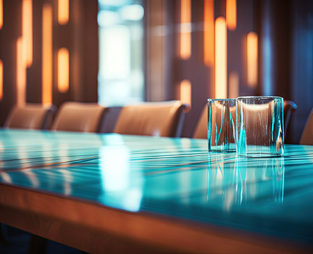 Empty glass table and chairs in a conference room. Selective focus.の素材
