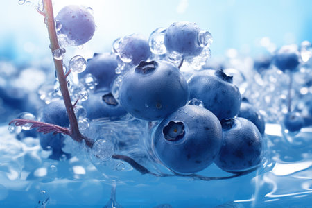 Blueberries in water with ice cubes on blue background, closeupの素材