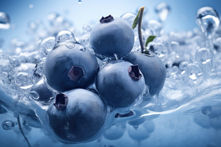 Blueberries in water with ice cubes on blue background. Toned.の素材