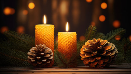 Burning candles with fir branches and pine cones on a wooden background.の素材