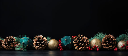 Christmas and New Year background with fir branches, pine cones and red berries on black backgroundの素材