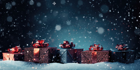 Gift boxes with red ribbons on snow. 3d renderingの素材