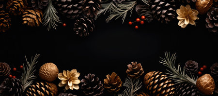 Christmas background with pine cones, berries and fir branches on a black backgroundの素材