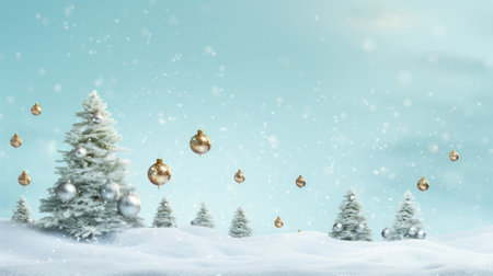 Christmas background with snowy fir trees and christmas balls 3D renderingの素材