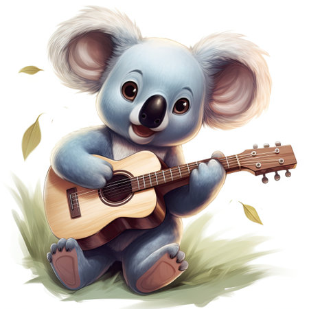 Cute koala with acoustic guitar. Cartoon character. Vector illustration.の素材