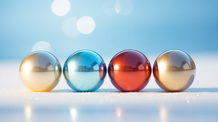 christmas glass balls on snow with bokeh background - 3d illustrationの素材