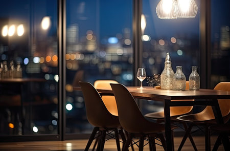 Dining table and chairs in modern restaurant with city view at nightの素材