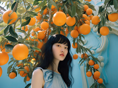 Beautiful asian girl in blue dress with oranges on orange treeの素材