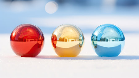 Colorful christmas balls on snow with bokeh background.の素材