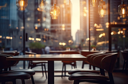 Coffee shop interior with vintage light bulbs and empty tables.の素材