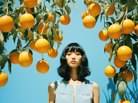 beautiful asian girl with oranges on blue background, beauty and fashionの素材