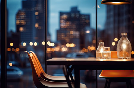 Table and chairs in a cafe with a view of the night cityの素材