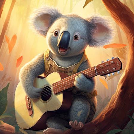 Cute koala playing guitar and singing in the forest, illustrationの素材