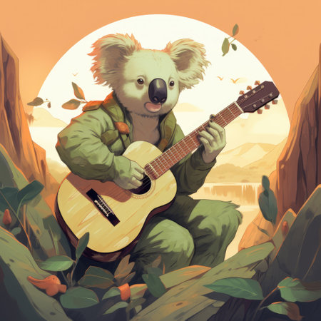 Cute koala playing guitar and singing in the jungle. Vector illustration.の素材