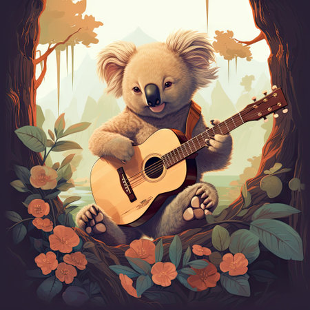 Cute koala with acoustic guitar in the forest. Illustrationの素材