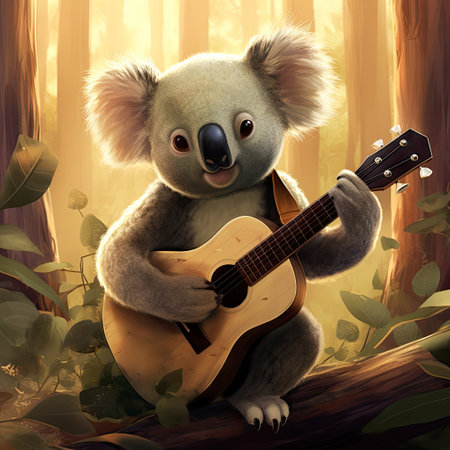 Cute koala with guitar in the forest - illustration for childrenの素材