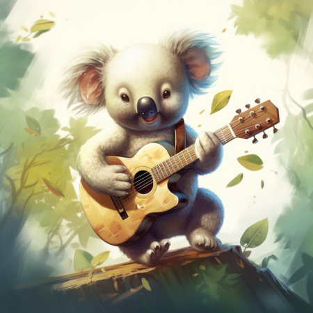 Cute koala with guitar and ukulele in the forestの素材