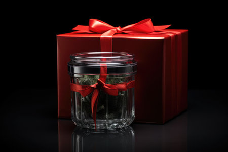 Christmas gift in a glass jar with red ribbon on a black backgroundの素材