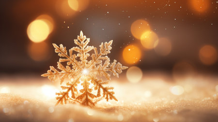 Snowflake on snow with golden bokeh background. Christmas and New Year concept.の素材