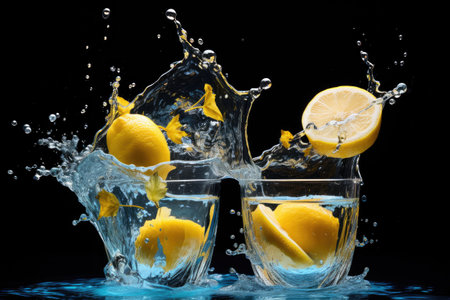 Lemon splashing into a glass of water on a black backgroundの素材