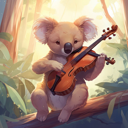 Cute koala playing the violin in the forest. Vector illustration.の素材