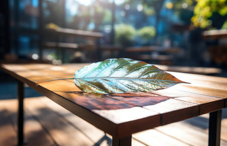 Tropical leaf on wooden table in coffee shop, stock photoの素材