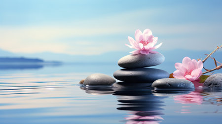 zen stones and flowers on the water with blue sky background, zen conceptの素材
