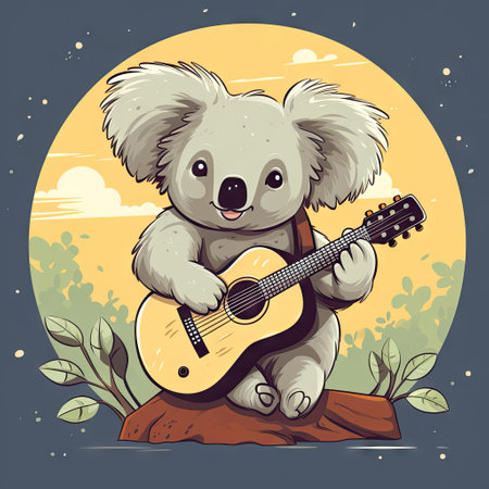 Cute koala playing guitar and singing in the forest. Vector illustration.の素材