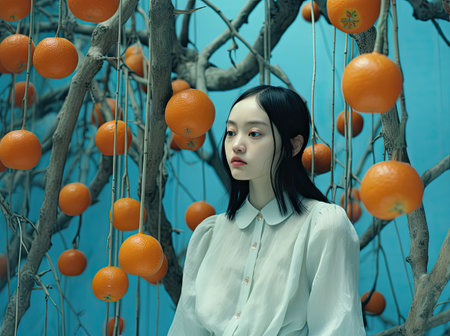 beautiful asian girl with orange fruit on tree, vintage toneの素材