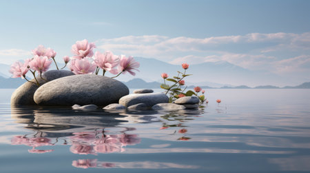 pink flowers on the stones in the water, 3d renderの素材