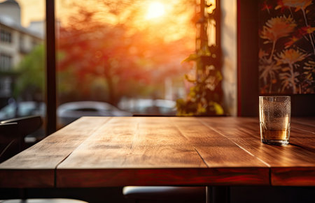 Empty wooden table and glass of water on the background of sunset.の素材